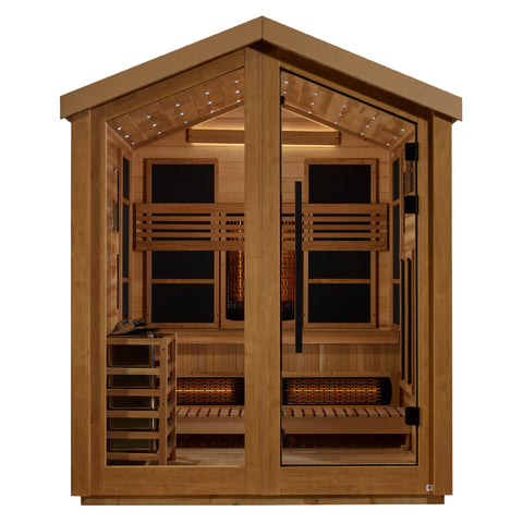 Golden Designs Loviisa 3 Person Hybrid (PureTech™ Full Spectrum IR or Traditional Stove) Outdoor Saunaa (GDI-8523-01) - Canadian Red Cedar Interior