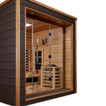 Golden Designs Visby 3 Person Hybrid (PureTech™ Full Spectrum IR or Traditional Stove) Outdoor Sauna (GDI-8223-01) - Canadian Red Cedar Interior